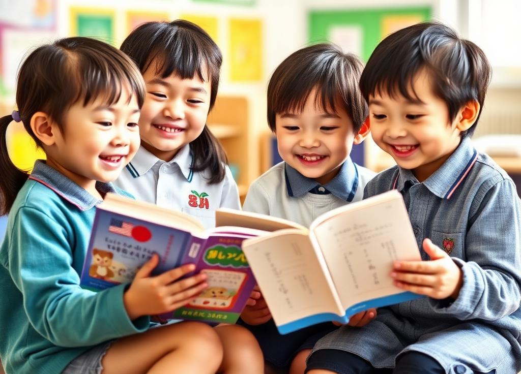 仲良く本を読む幼稚園児